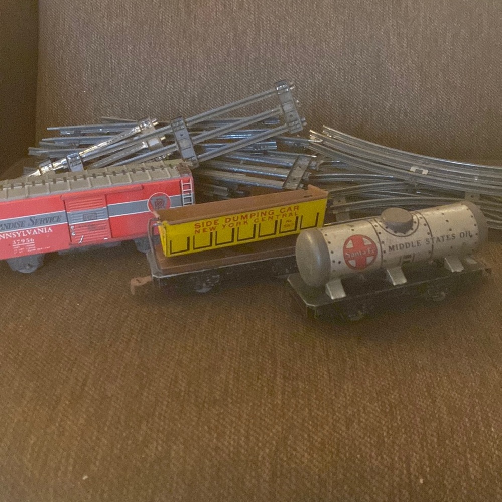 Vintage Metal Toy Train Cars & Metal Track Sections